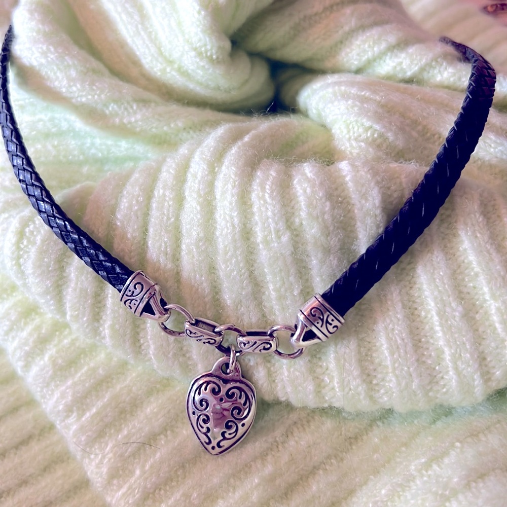 Brighton King’s Road Retired Black Leather and Silver heart necklace.  16”-18”